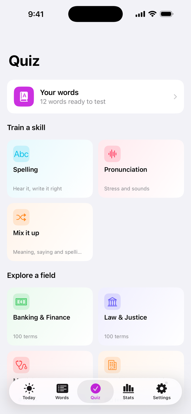 WordVale quiz screen with spelling and pronunciation training