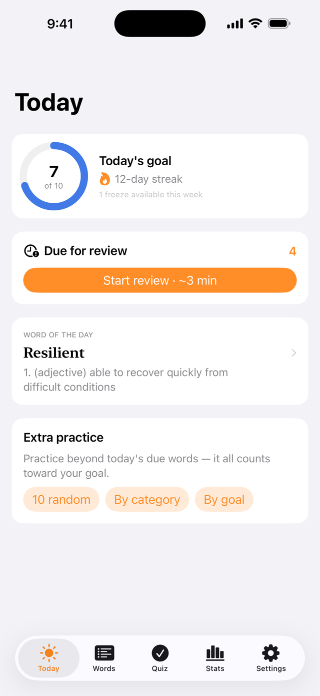 WordVale Today screen with daily goal ring and 12-day streak